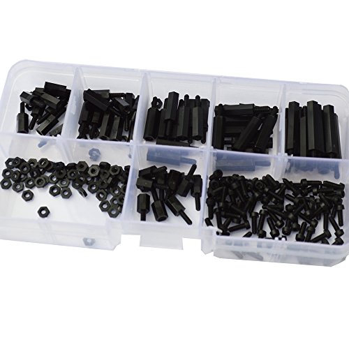 M2 Male to Male Nylon Hex Standoff Plastic Thread Motherboard Spacer Prototyping Accessories for PCB, Quadcopter Drone, Computer & Circuit Board Assortment Kit Black