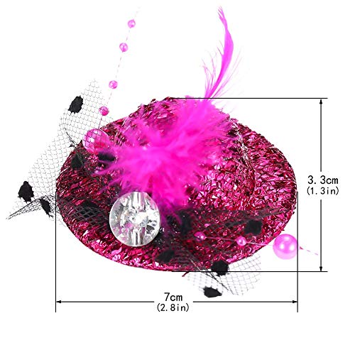 12 Pieces Mini Hat Hair Clip Shining Fascinator Party Hats with Faux Feather Mesh Bow Hairpin for Girls Toddler Costume Accessory, 6 Colors