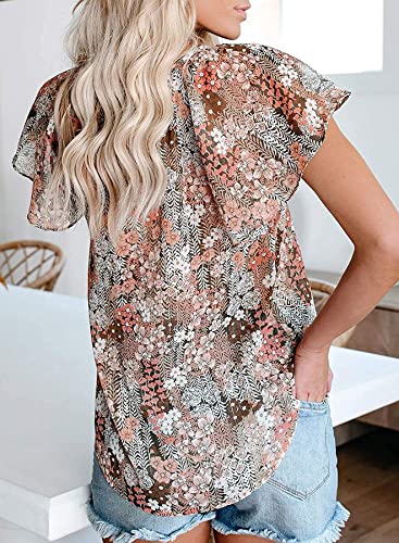 Boho Tops for Women Summer Floral Printed Pleated Casual Cute V Neck Shirts (A-Khaki,M)