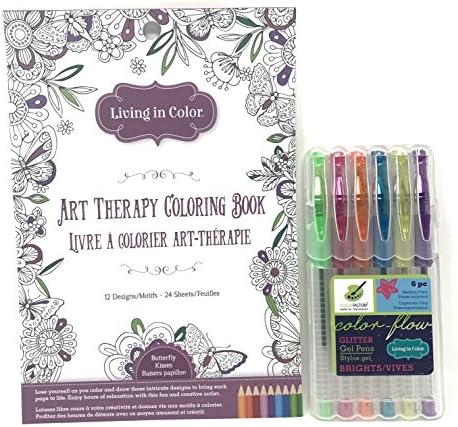 Living in Color Butterfly Kisses Art Therapy Coloring Book and 6 PC Color Flow Bright Glitter Gel Pens Bundle