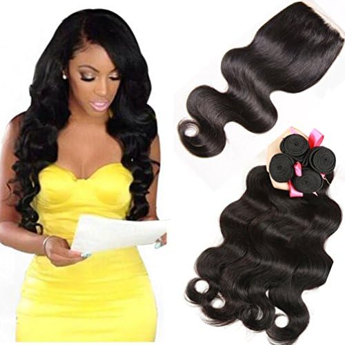 Brazilian Virgin Hair Bundles With Closure Unprocessed Brazilian Body Wave Human Hair Extensions With Lace Closure free part 4x4 human hair bundles (20 22 24 +18 free part closure)