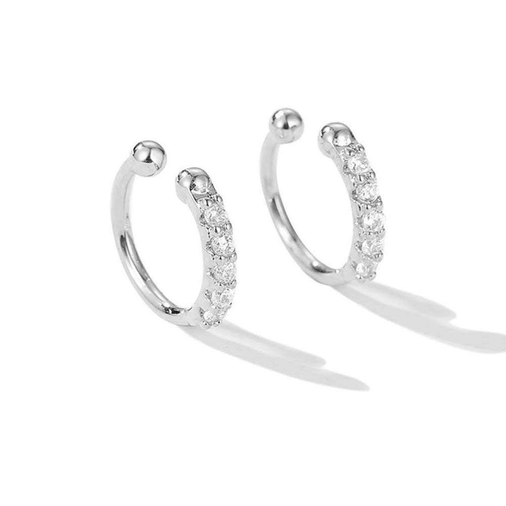 Ear Cuff Clip On CZ Adjustable Fake Earrings Small Hoop Huggies Sterling Silver Cubic Zirconia No Piercing Cartilage Earring for Women Girls Hypoallergenic Huggie Hoops 10mm Gifts (White Gold Plated)