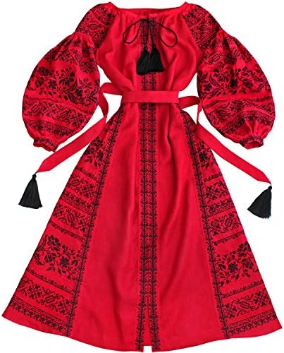 Women Ukrainian Folk Embroidered Long Red Dress Hippie Boho Style Ethnic Vyshyvanka Tasseled Boho Chic Mexican Slavic Style