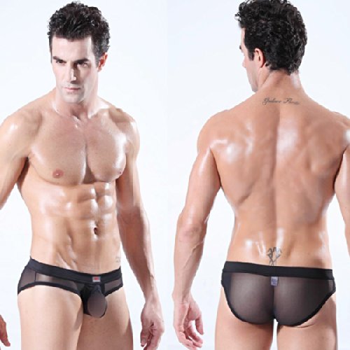 KIVEN Men's See Through Mesh Skimpy String Bikinis Underwear Pouch Sheer Mini Briefs (Black, L