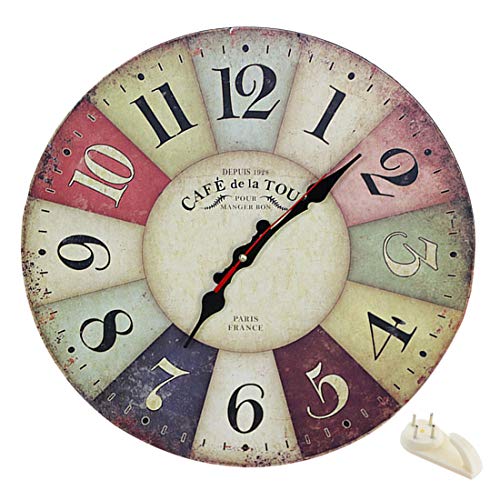Tuscan Wall Clock, Petforu Fashion 14 Inch Vintage France Paris Colourful French Country Tuscan Style Non-Ticking Silent Paris Wood Wall Clock Arabic Numbers - Thumbnail 3
