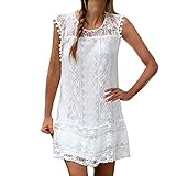 vanberfia Women's O Neck Crochet Hollow Lace Mini Summer Casual T-shirt Dress