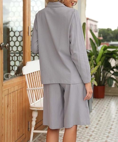 CICY BELL WOMENS 2 PIECE OUTFITS CASUAL LONG SLEEVE BLAZER AND SHORTS WORK OFFICE SUIT SETS GRAY