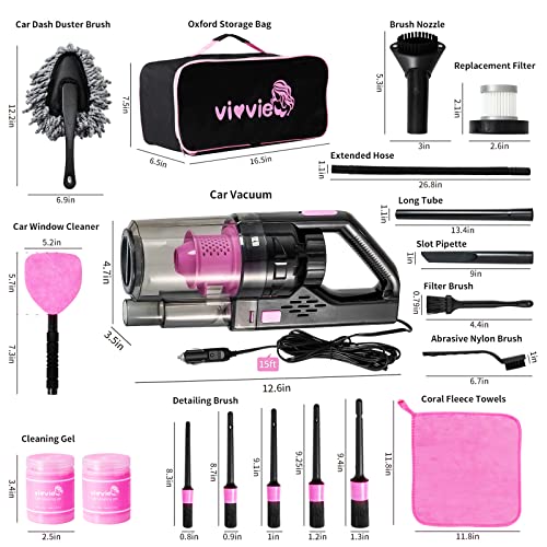 vioview Car Cleaning Detailing Kit Interior Cleaner, 14Pcs Car Cleaning Supplies with High Power Portable Car Vacuum Cleaner, Detailing Brush Set, Windshield Cleaner, Pink Car Accessories for Women