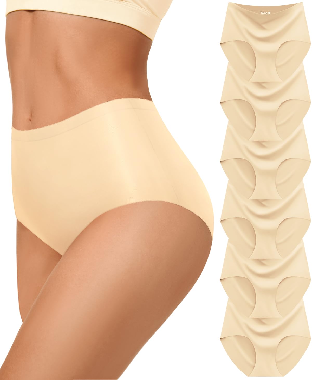 Photo 1 of Twocall Women Underwear Seamless No Show Full Coverage Briefs Invisible High Waisted Soft Breathable Panties 6 Pack Nude Medium