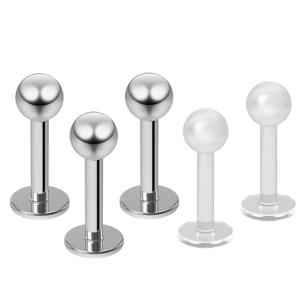 3pc 16g 1.2mm Stainless Steel Lip Rings 3mm Ball Labret Bar Nose Bar Stud Monroe Tragus Earring 6mm + 2pc Retainer Keeper