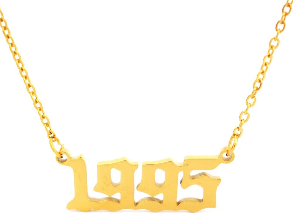 HUTINICE Birth Year Number Necklace, Old English Silver Pendant Necklace for Women and Girl Birthday Gift 18 inch Gold Chain Stainless Steel Friendship Jewelry