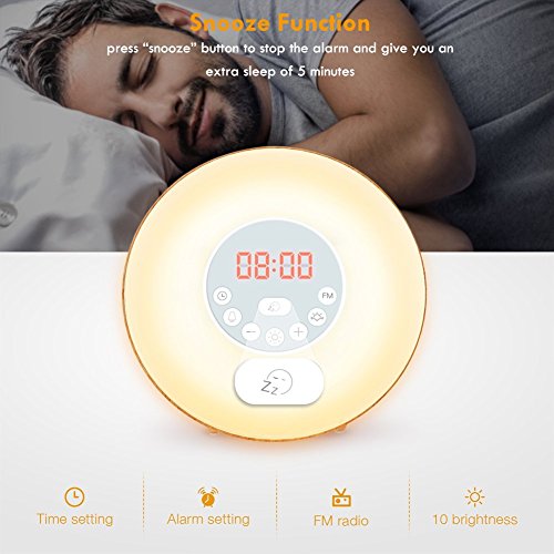 Wood Grain Alarm Clock with Sunrise Sunset Simulation&FM Clock Radio&6 Nature Sounds&7 Colors Night Light&Snooze Functions, Bedroom Alarm Clock for Kids Teens Adults