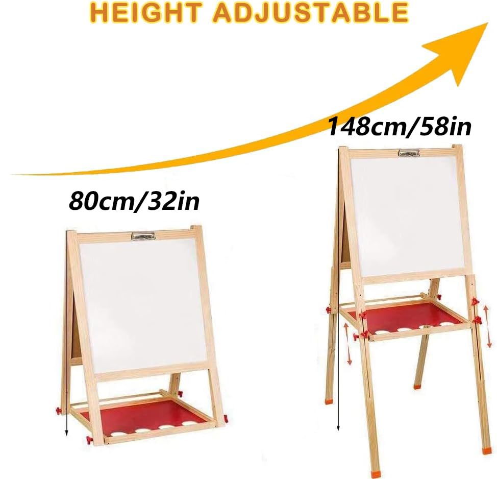 Hcosmy Wooden Art Easel for Kid, Double Sided Kids Easel with Whiteboard & Chalkboard, Height Adjustable Standing Toddler Easel with Number and Painting Accessories, Education Gift for Boys and Girls