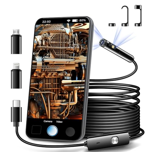 AURTEC Dual Lens Endoscope Inspection Camera, Dual HD Lens, IP68 Waterproof, 16.5FT/5M Semi-Rigid Cable, Borescope Camera with LED Lights, Compatible with Android and iOS Devices