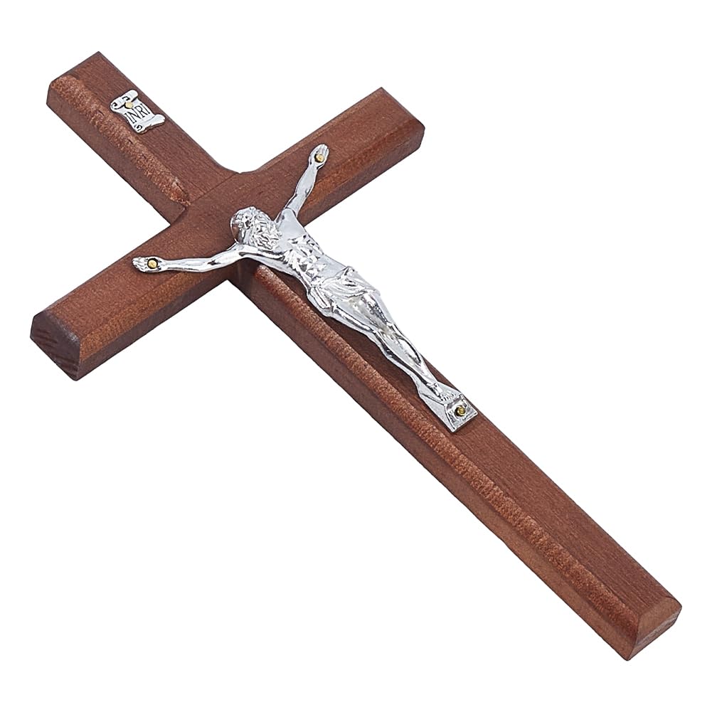 DICOSMETIC 7.95Inch Crucifix Cross Wall Hanging Wood Cross Wall Decor Platinum Wood Cross with Alloy Jesus Christ Catholic Wall Art Cross for Church Home Decor