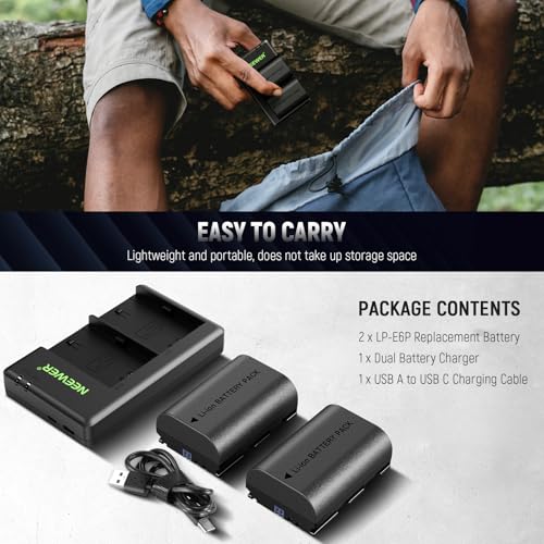 NEEWER 2 Pack 2400mAh LP-E6P LP-E6NH LP-E6N LP-E6 Replacement Battery and USB Double Charger, Compatible with Canon EOS R5 Mark II EOS R5 EOS R6 EOS R7 EOS R 5D II III IV 6D 6D II 7D 7D II 60D 70D 80D