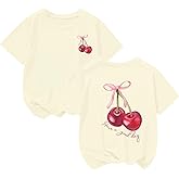 BINTEHGS Girls Cute Graphic Tees Kids Bow Cherry Shirt Aesthetic Short Sleeve T Shirts Casual Summer Crew Neck Top Clothes