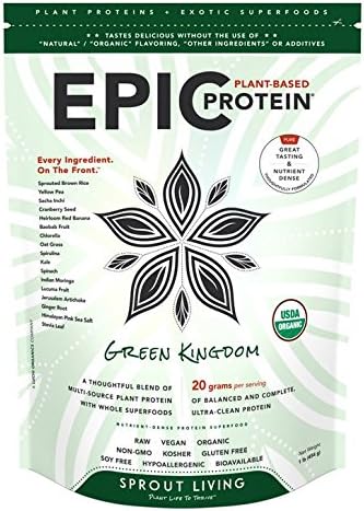 Sprout Living Epic Protein Powder, Green Kingdom Flavor, Organic Plant Protein, Gluten Free, No Additives, 20 Grams Clean Vegan Protein (1 pound,14 servings)