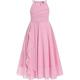 IBTOM CASTLE Flower Girls Dress Halter Pleated Chiffon Junior Bridesmaid Dress Wedding Flowy A-line Party Pageant Prom Dress