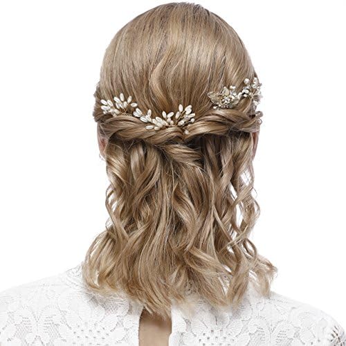 HailieBridal Pearl Rhinestone Golden Leaf Bridal Hair Pin