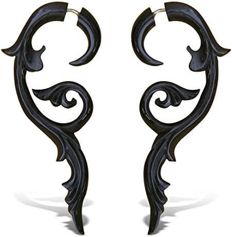 Fake Gauges Earrings Hand Carved Horn Floral Vines Fake Plugs