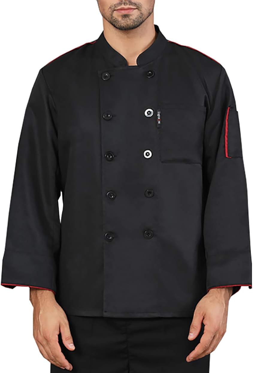 Men's Chef Jacket Long Sleeve Black Piping Chef Coat Kitchen Chef's
