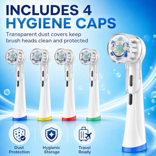 ELYCO 12 Pack Soft Toothbrush Heads Compatible with Oral-B iO, Pack of 12 with 4 Dust Caps and Coloured Rings for Electric Toothbrush Series iO 2 3 4 5 6 7 8 9 10 Series