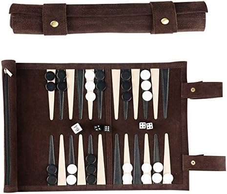 Travel Backgammon Set, AUKO Classic Board Game Roll Up Design Best Strategy Tip Guide Leather Portable Folding Small Size (Brown)