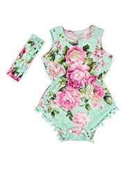 Apparel: Hot Pink Floral Flower Pom Rompers For Baby Girls with headband 0-3T (M(7-12 months), BLUE)