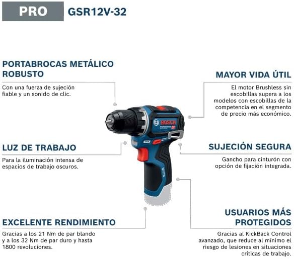 12V Sistema de Furadeira/Afixia GSR 12V-32 (Controlo KickBack, motor brushless, incluindo pilhas de 2,0 Ah, carregador, bolsa de ferramentas)