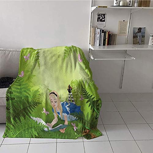 Children's blanket Throw Lightweight All-Season Blanket (60 By 70 Inch,Alice in Wonderland Decorations Collection,Wonderland Alice Reading Book Forest Butterfly Nature Magic Love,Green Pink Blue）
