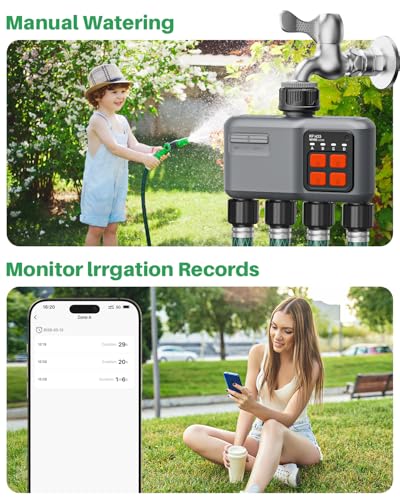 johgee 4 Way WiFi Irrigation Timer with RF 300M Technology, WiFi Irrigation Control, Compatible with Alexa & App, Watering Timer with 2 Modes & Rain Delay for Garden, Lawn