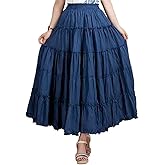 Saukiee Women's Bohemian Elastic Waist Long Skirt Cotton Circle Ruffle Broomstick Peasant Maxi Tiered Skirts
