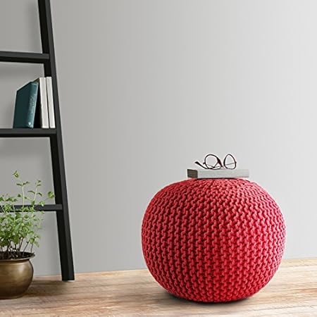 TIB The Intellect Bazaar Premium Cotton Knitted Pouf, 15x15x14inches(Red)