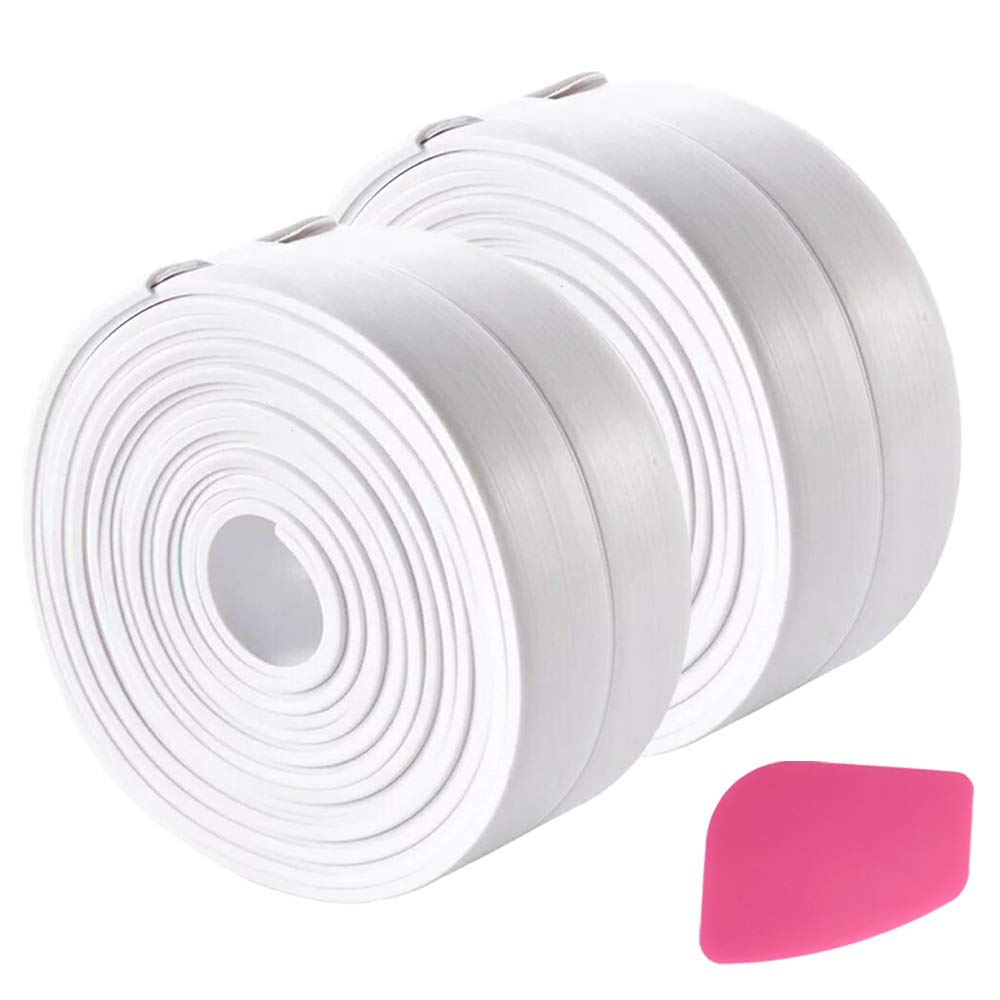Caulk Strip,2 Rolls Bath Sealant Strip PVC Waterproof Sealing Tape Self Adhesive Caulk Sealer Mildew Stripe with Removal Scraper Tape for Bathroom Kitchen Toilet and Wall Corner Edge