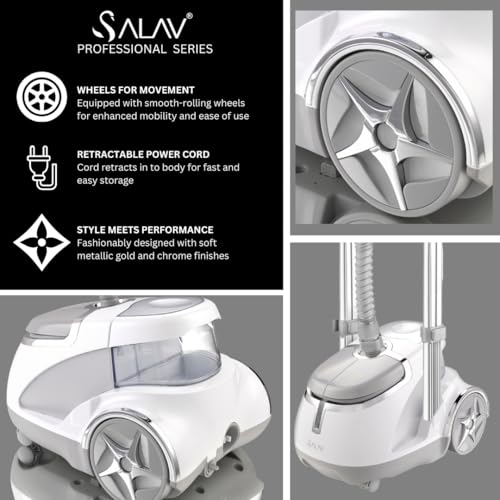 SALAV GS45-DJ Professional Upright Garment Steamer with Roll Wheels, Multi-Function Extra Wide Hanger, Fabric Brush & Mini Ironing Paddle, 1500 watts, Silver