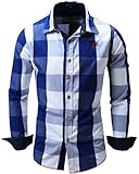 Shirts, Cokle Men Slim Fit Long Sleeve Casual Blouses Plaid Button Down #099 Blue EUR L (US M)