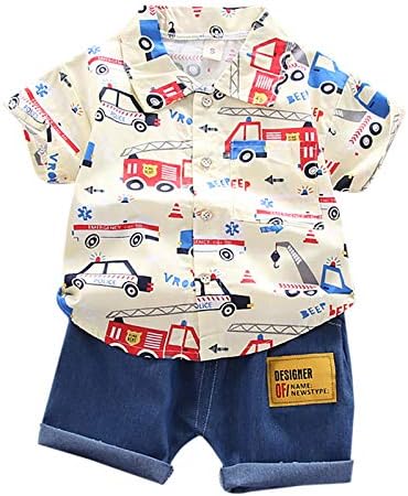 Cousannory 子供服 男の子 シャツ ショートパンツ 2点セット キッズ服 半袖 ポロシャツ デニムパンツ 上下セット ベビー服 車柄 トップス サルエルパンツ セットアップ 子ども スーツ おしゃれ 紳士服 カジュアル 海遊び 通園 通学