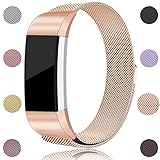 For Fitbit Charge 2 Bands, Maledan Stainless Steel Milanese Loop Metal Replacement Accessories Bracelet Strap with Unique Magnet Lock for Fitbit Charge 2 HR Rose Gold Small