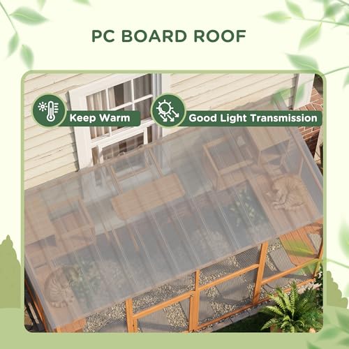 PawHut Catio Outdoor Cat Enclosure, 118" L Large Wooden Outdoor Cat House w/ 2 Condos, 7 Platforms, 2 Scratching Posts, Waterproof Roof, Walk-in Kitty Cage for 1–5 Kittens, Orange