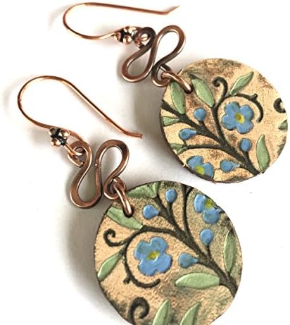 Blue Forget Me Not Flower Round Leather Earrings and Copper Swirl Drops