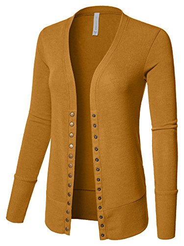 Luna Flower Women's V-Neck Snap Button Cardigan Sweater with Rib Detail ASH_Mustard Large(GCDW027)