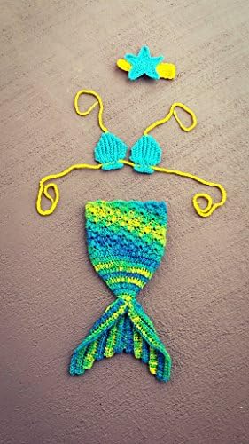 Mermaid tail set - baby cocoon photo prop /costume - shell bikini top and star fish head band - all handmade crochet - blues, greens, yellow. READY 2 SHIP (free).