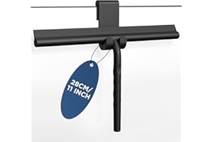 ecooe Silicone Shower Squeegee with Hanger, 11″/28cm Shower Squeegee for Glass Doors, Black Window Squeegee Scraper with Stainless Steel Core for Home Bathroom Kitchen Car Glass Doors