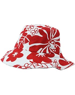 Beach Vacation Hawaiian Flower Red and Black Reversible Bucket Hat