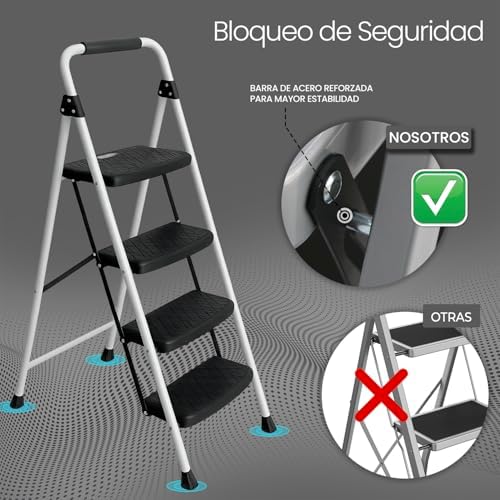 Escada dobrável de 4 degraus, branca, antiderrapante