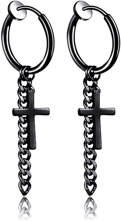 Xusamss Punk Titanium Steel Huggie Hinged Clip On Earrings Cross Long Chain Dangle Drop Earrings