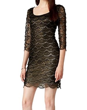 Guess Womens Metallic Fringe-Trim Scallop Sheath Dress Gold 14