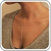 Yheakne Boho Satellite Y Necklace Gold Ball Chain Necklace Bead Station Y Necklace Long Chain Drop Necklace Minimalist Lariat Necklace Jewelry for Women (Gold)