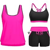 Aqua Eve 3 Piece Tankini Swimsuits for Women - Blouson Bathing Suits Tummy Control Swim Shorts with Sporty Pockets 2026